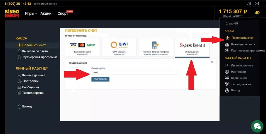 Пополнить счет Яндекс Деньги Бинго Бум