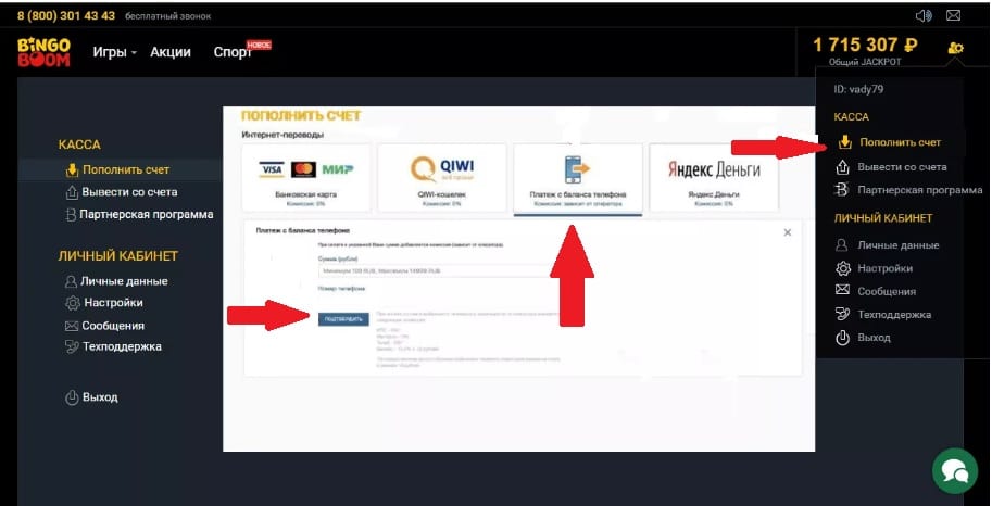 Пополнить счет мобильные операторы Бинго Бум