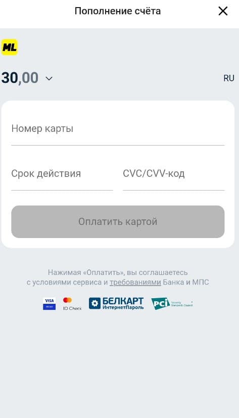 Оплата картой при пополнении счета