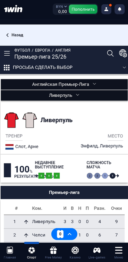 Выберите команду для статистики на 1Win