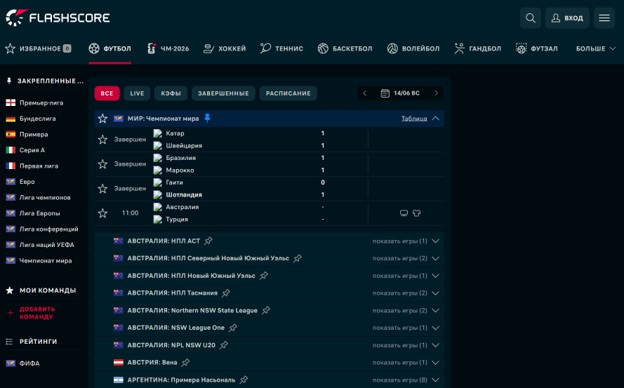 Интерфейс Flashscore