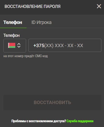 Ввод номера телефона для восстановления пароля