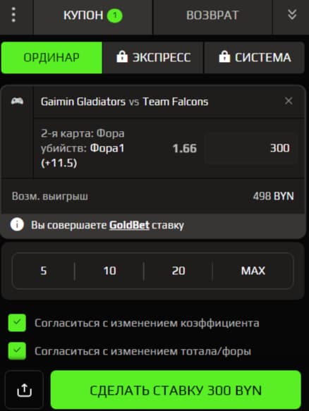 После ввода суммы ставки, ниже отображается возможный выигрыш по ней