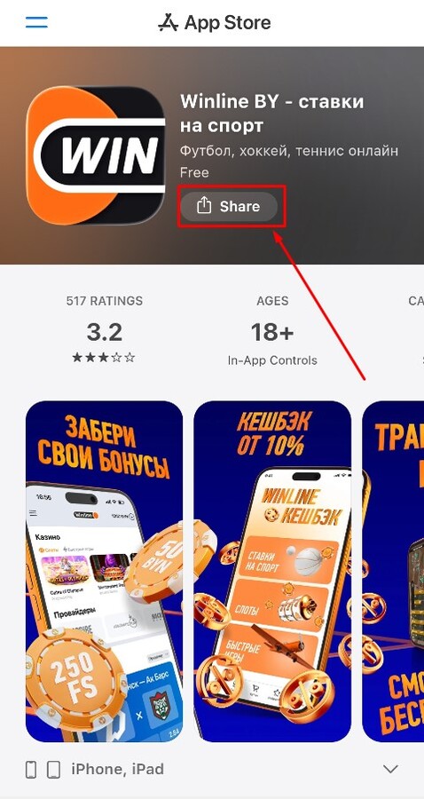 Страница Winline в магазине приложений