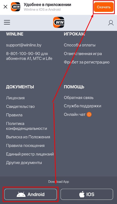Документы и поддержка Winline BY