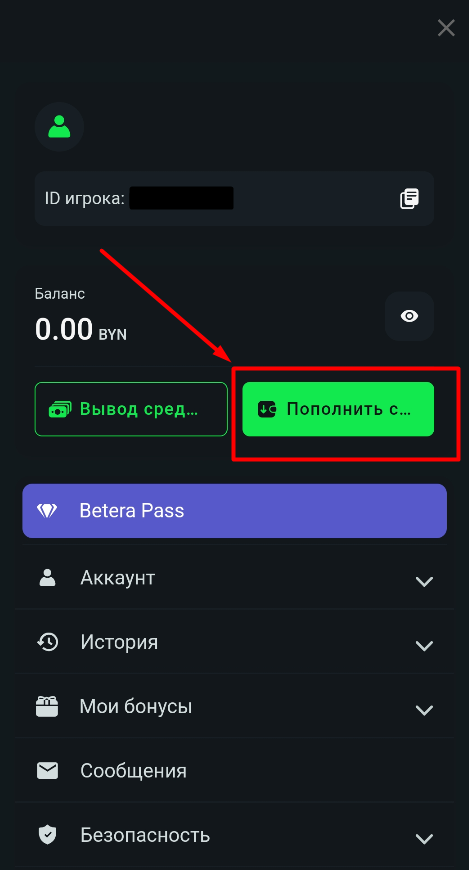 Пополнение счета БК betera