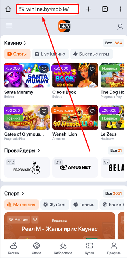 Откройте БК Винлайн