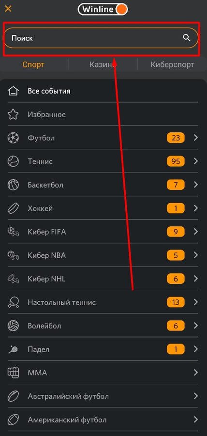 Поиск по ставкам на Винлайн