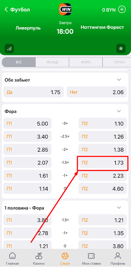 Выберите исход в приложении БК Винлайн