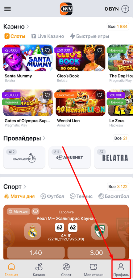 Перейдите в профиль Винлайн