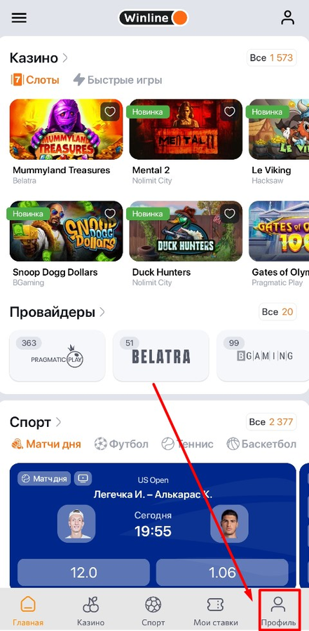 Нажмите на иконку профиля