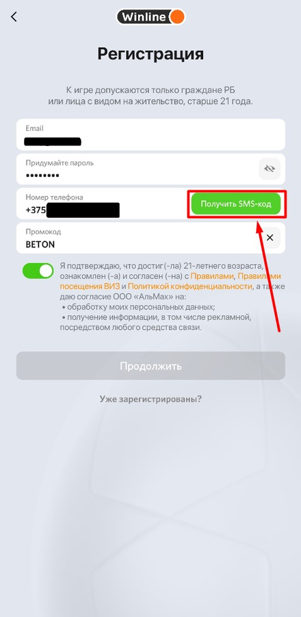Введите СМС-код на Винлайн