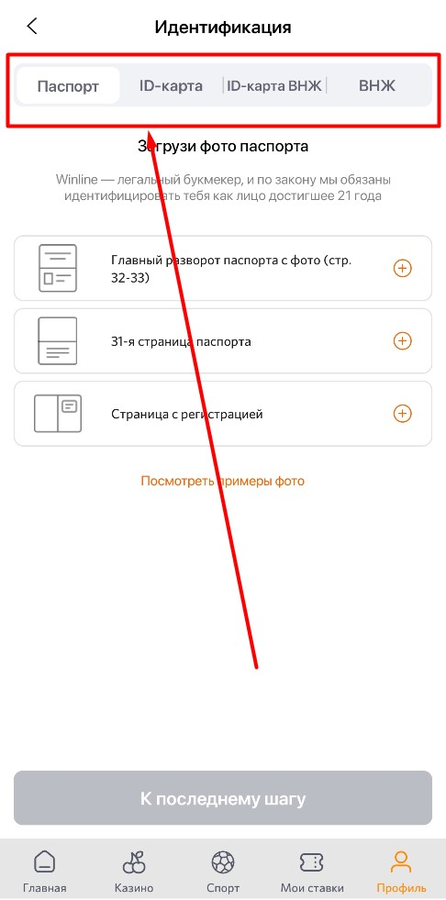 Выберите тип документа для идентификации Винлайн
