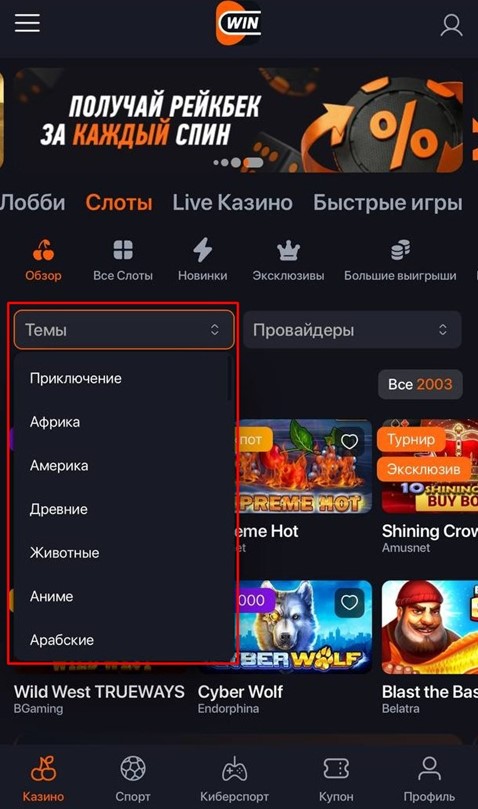 Темы в казино Winline
