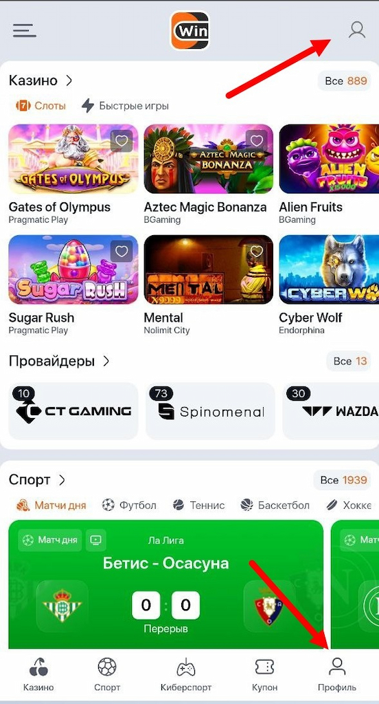 На главной странице Винлайн нажмите на иконку профиля