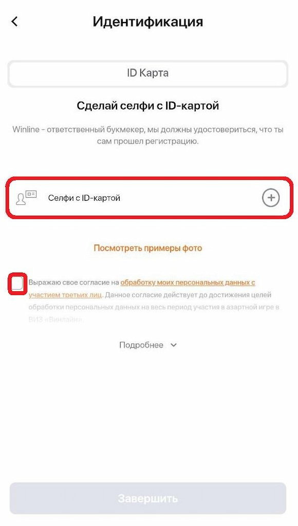 После селфи, согласитесь со всеми условиями идентификации Винлайн