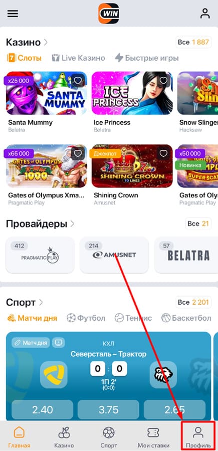 Зайдите в приложение Винлайн