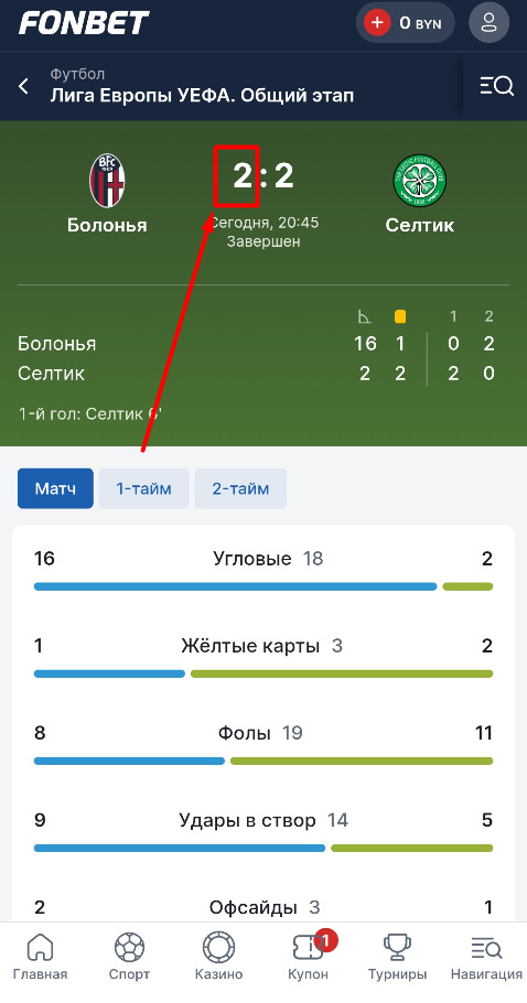 Индивидуальный тотал первой команды больше полутора на Фонбет