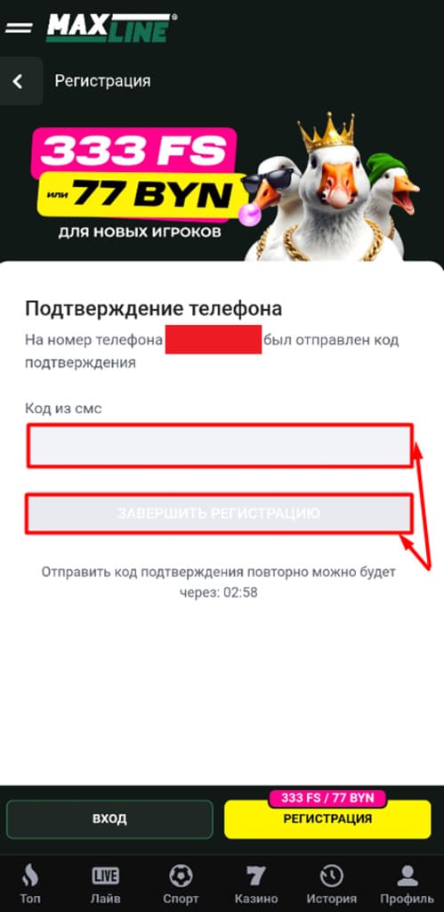 Завершите регистрацию на Макслайн