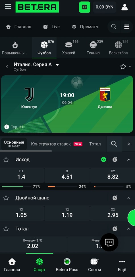 Роспись матча Ювентус - Дженоа в Betera