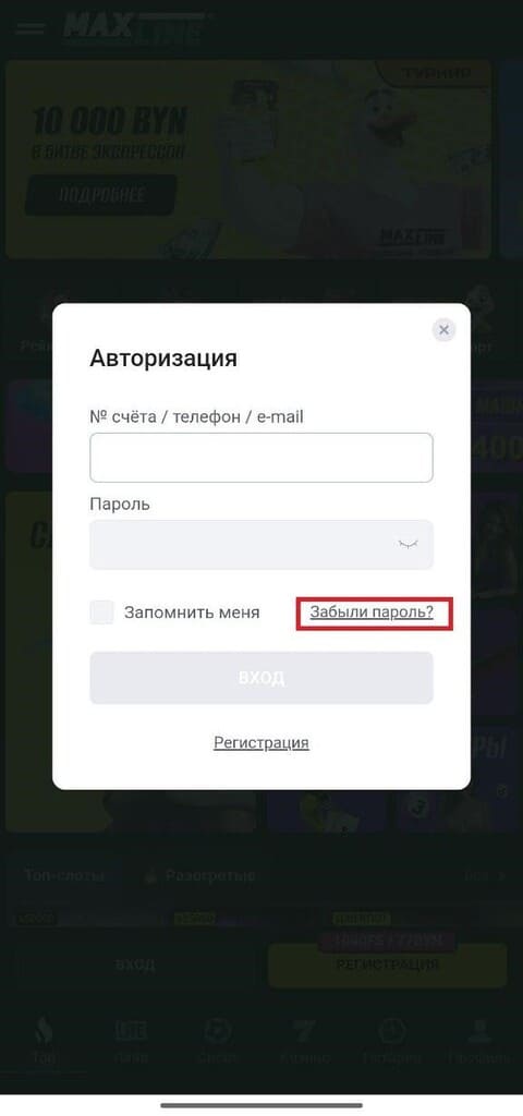 Авторизация по номеру счёта в Макслайн