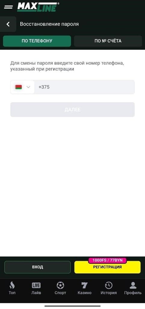 Восстановление пароля в приложении Maxline