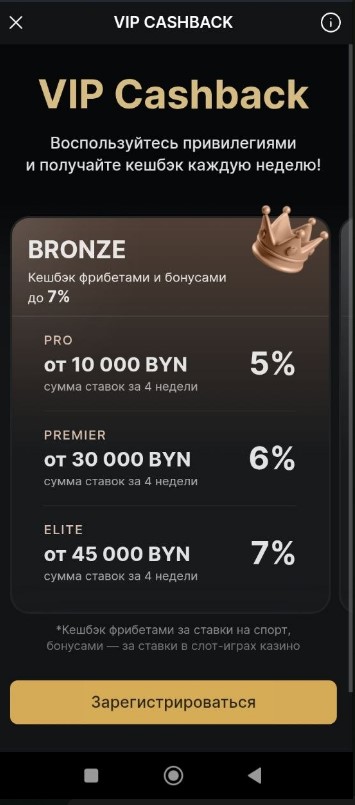 VIP Cashback до 7% в букмекерской конторе Фонбет