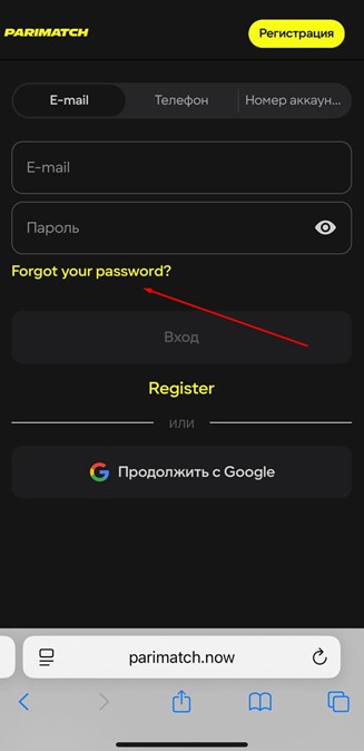 Авторизация в Parimatch по E-mail