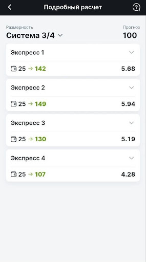 При совпадении всех событий общая выплата составит 526,45 BYN. Также вы останетесь в плюсе, если не сыграет любое одно событие. При таком раскладе выиграет лишь один экспресс, но даже он гарантирует прибыль (минимально — 7 BYN при совпадении ставки №4).