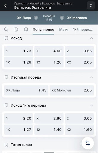 На поединки Экстралиги Fonbet выставляет 100–300 рынков. Средняя маржа на основные исходы – 7–8%. Пожалуй, именно в Фонбет наблюдается наименьший разрыв в котировках между топ-лигами и белорусским чемпионатом – всего 2–2,5%.